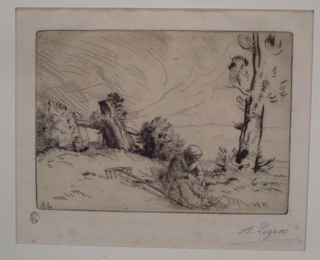 Alphonse LeGros, Fr., 1837-1911, etching: Alphonse LeGros, Fr., 1837-1911, Peasant resting, etching, pencil signed(CSHO8012) Low Estimate: 200 High Estimate: 300 Measurements: image 5 x 7, framed 13 x 17 Condition: Slightly toned with minor f