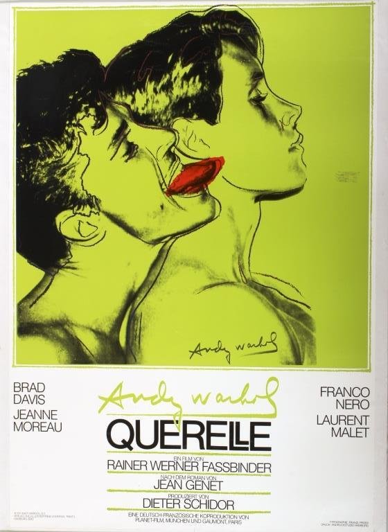 Two Andy Warhol Posters, "Querelle", German, 1982: Two Andy Warhol German Pop Movie Posters, 1982, for the Fassbinder movie "Querells".(CSHO8201/2) Low Estimate: 300 High Estimate: 500 Measurements: 39 x 27 Condition: Use wear, otherwise good. A Priva