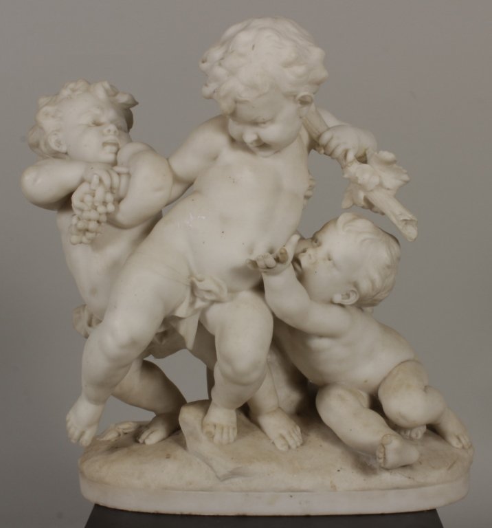 Benoit Rougelet, c.1875, 3 Putti, white marble: Benoit Rougelet, French, 1834-1894, Three Playful Putti, (c.1875) white marble sculpture, the rounded rectangular base signed Rougelet. (64) (ELBE6916) Low Estimate: 8000 High Estimate: 12000 Measurem