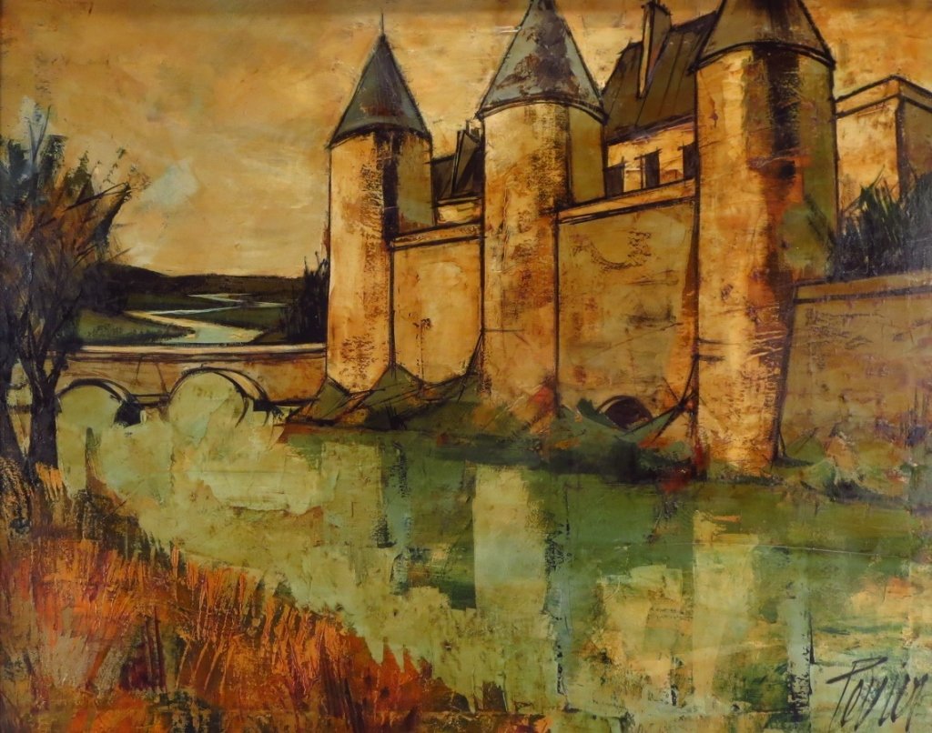 Charles Levier, "Le Chateau", O/C: Charles Levier, French/American, 1920-2003, "Le Chateau", oil on canvas, signed lower right. (E378216)(E378216) Low Estimate: 800 High Estimate: 1200 Measurements: 24 x 30 Framed: 28 x 34 Condition: S