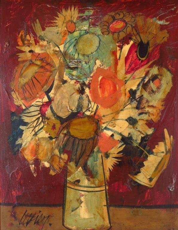 Charles Levier, Floral Still Life, O/B: Charles Levier, French/American, 1920-2003, Floral Still Life, oil on board, signed lower right.(E378217) Low Estimate: 500 High Estimate: 800 Measurements: 20 x 16 Framed: 24 x 20 Condition: dirty. E