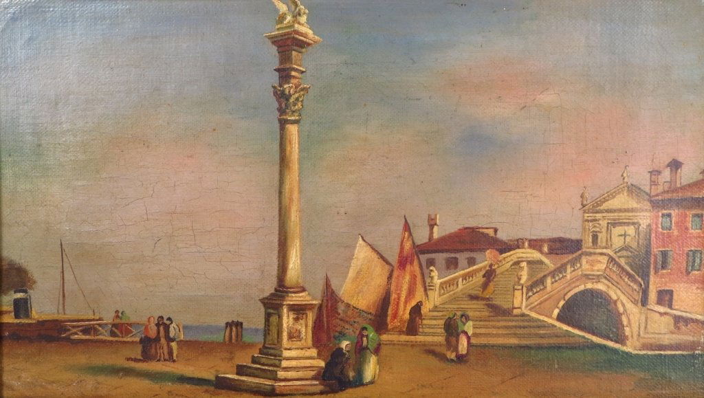 Italian School, c. 1900, Venice, O/C: Italian School, c 1900, Venetian Scene, oil on canvas, unsigned. (E378230)(E378230) Low Estimate: 250 High Estimate: 450 Measurements: 7 x 12 Framed: 10.75 x 15.75 Condition: Toning, surface soil, cra