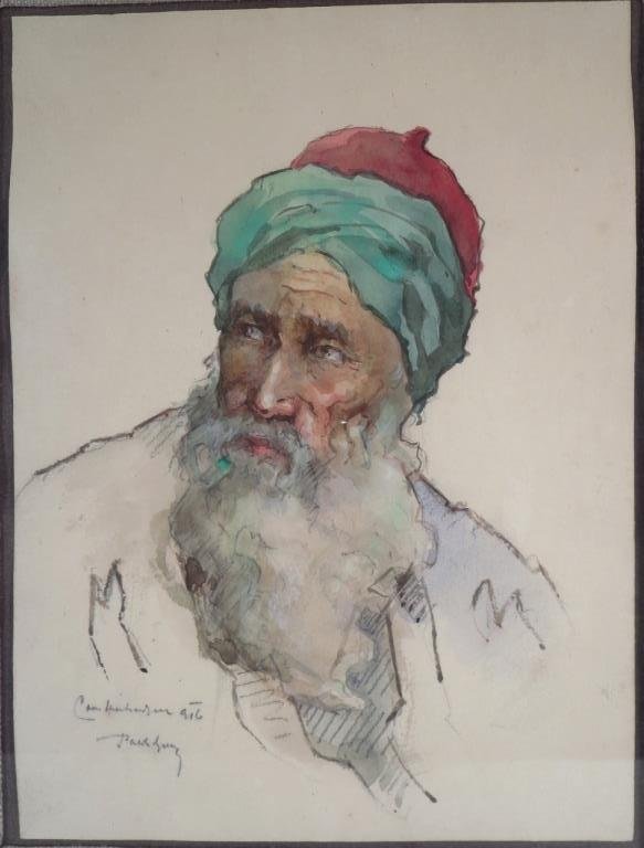 Cont'l School, c. 1900, Arab, W/C: A Continental School portrait of a bearded Arab, inscribed lower left, watercolor(GREE8002) Low Estimate: 200 High Estimate: 300 Measurements: 9 1/2 x 7, framed 16 x 13 Condition: paper slightly toned