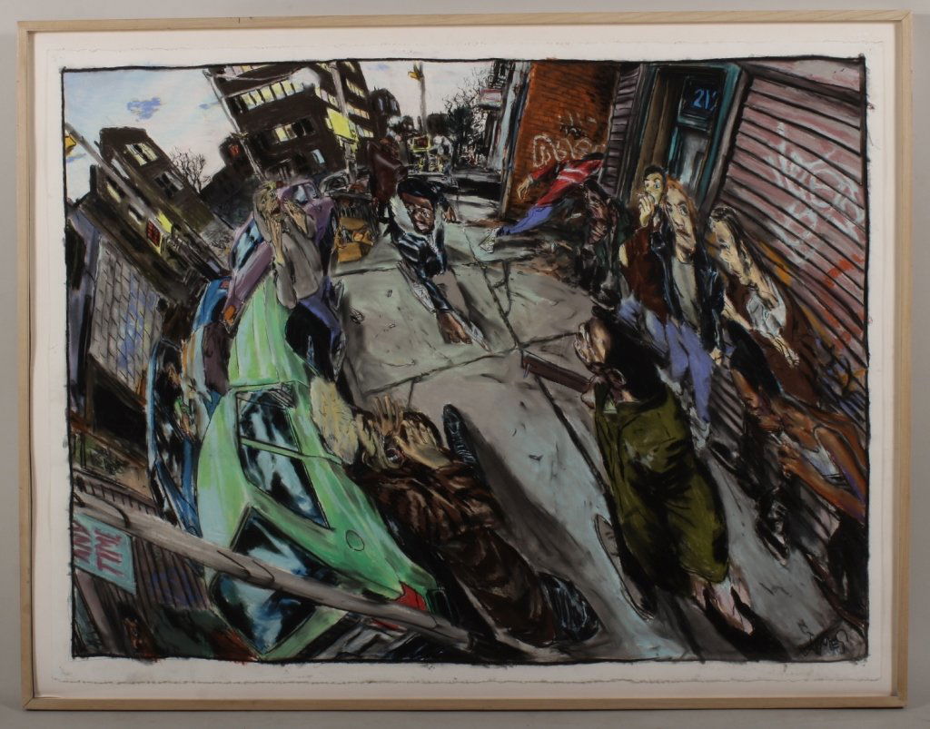 James Romberger, Pastel, "The World": James Romberger, pastel. St. Mark's Place, titled "The World" Signed lower right "James" 1989. Gallery label "Grace Burgenicht Gallery" 724 5th Ave, NYC.(CSHO8031) Low Estimate: 600 High Estimate: 900