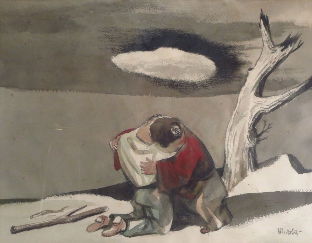 William Gropper "The Embrace" Watercolor: William Gropper, 1897-1977 "The Embrace" w/c signed lower right(ALEXC8540) Low Estimate: 700 High Estimate: 1000 Measurements: Image 18"H x 23"W Framed 25.5" x 30.5" Condition: Good with slight wavine