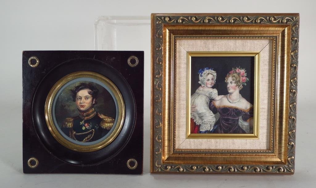 2 Small Sized Portraits in Watercolor: 2 Small Sized Portraits in Watercolor. One bust of military officer, the other a seated mother and child. (R3,22)(PASA8511/2) Low Estimate: 200 High Estimate: 300 Measurements: Image 4H" x 3"W Conditi