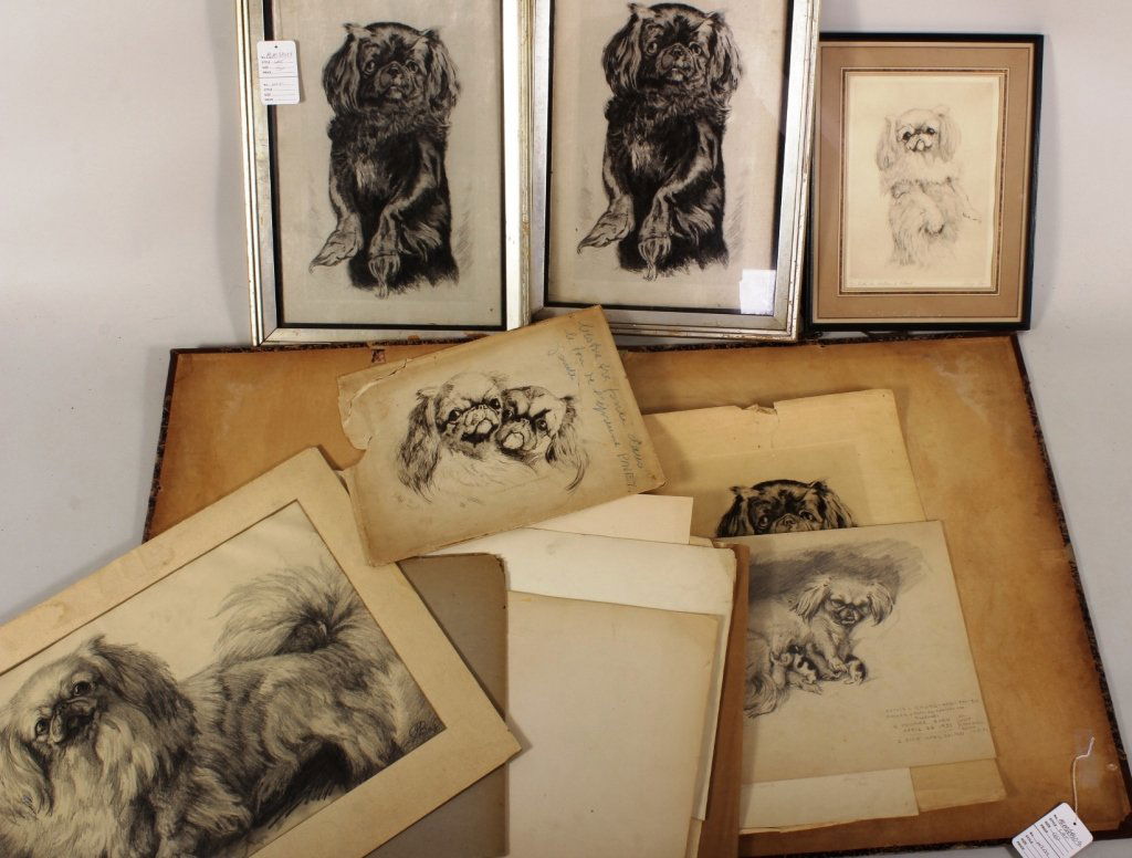 George Baer, Am., Pekingese Series - Sketches: George Baer, Am., 1895-1971, Pekinese Series, a lot of sketches/studies of mostly Pekingese dogs comprised of an etched copperplate, several graphite, some ink on paper, three framed prints, two of wh