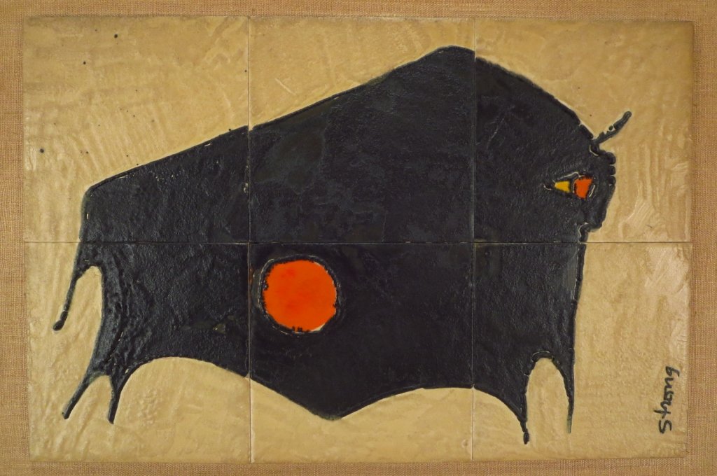 H Strong, 1920-2006, Bull, Ceramic Tile: Harris Strong, 1920-2006, Bull, painting on ceramic tile, signed lower right. (E378229)(E378229) Low Estimate: 300 High Estimate: 500 Measurements: 12 x 18 Framed 16 x 20 Condition: In good condition.