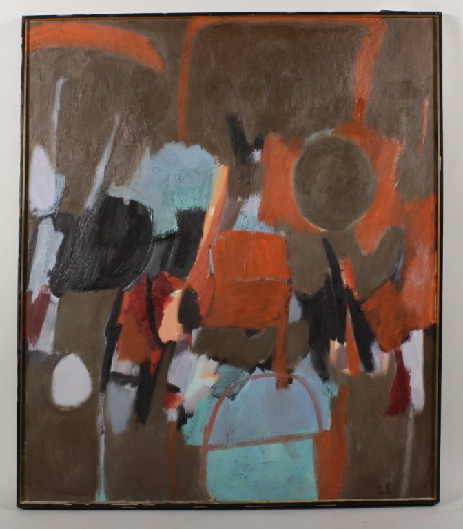 Luc Simon(?) O/C: Luc Simon(?) oil on canvas, "Abstract brown, orange, black, blue" signed lower right "LS"(CSHO8010) Low Estimate: 200 High Estimate: 400 Measurements: Art; 48" x 41". Frame; 49.5" x 42" Condition: Goo