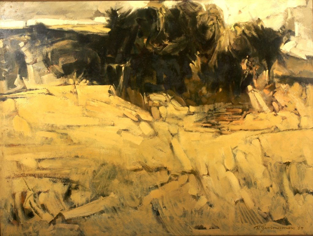 Zimmerman Oil Painting "South Wind": Paul W. Zimmerman b 1921 d 2007. Oil on Board "South Wind".(SLAT8304) Low Estimate: 200 High Estimate: 400 Measurements: 36" x 48" Condition: Good Condition From the Estates of Paul Zimmerman & Willia