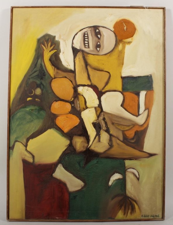 Arnold Weber, Abstract Grinning Creature, o/c: Arnold Weber, born 1921, died 2010, American. Oil on canvas, untitled, dated July 1965. Abstract grinning creature. [225](RRSH8308) Low Estimate: 200 High Estimate: 400 Measurements: Approximately 46"