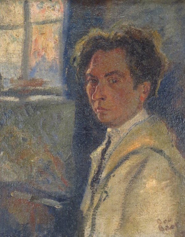 George Baer, Am.,Self Portrait, O/C: George Baer, American, 1895-1971, Self Portrait, oil on canvas, signed lower right, signed lower right, verso floral still life painting Biography: George Baer was born in Chicago. He attended the Chi