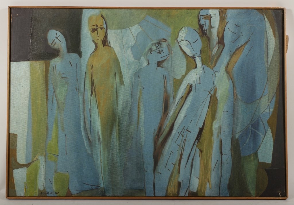 Arnold Weber, Blue & Green Abstract Figures: Arnold Weber, born 1921, died 2010, American. Oil on canvas. Untitled, dated, October 1967. Abstract with 6 blue/green figures. [252](RRSH83011) Low Estimate: 200 High Estimate: 400 Measurements: Appr