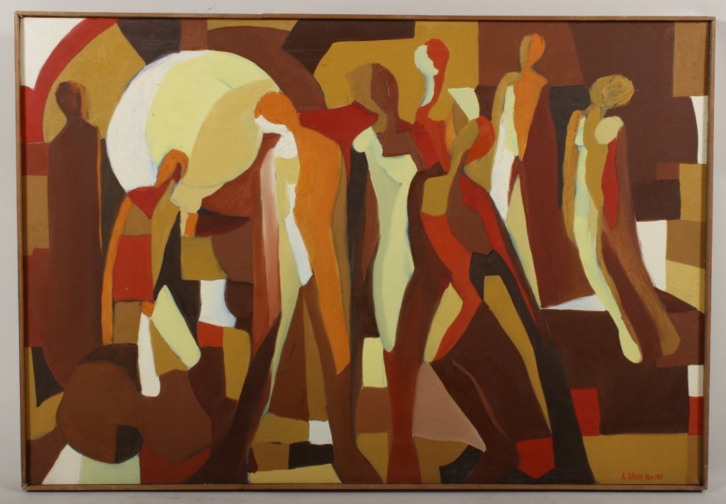 Arnold Weber, Abstract w/ 8 Figures o/c: Arnold Weber, born 1921, died 2010. American. Oil on canvas, untitled, dated November 1967. [221](RRSH8305) Low Estimate: 200 High Estimate: 400 Measurements: Approximately 30"x45" Condition: Good.