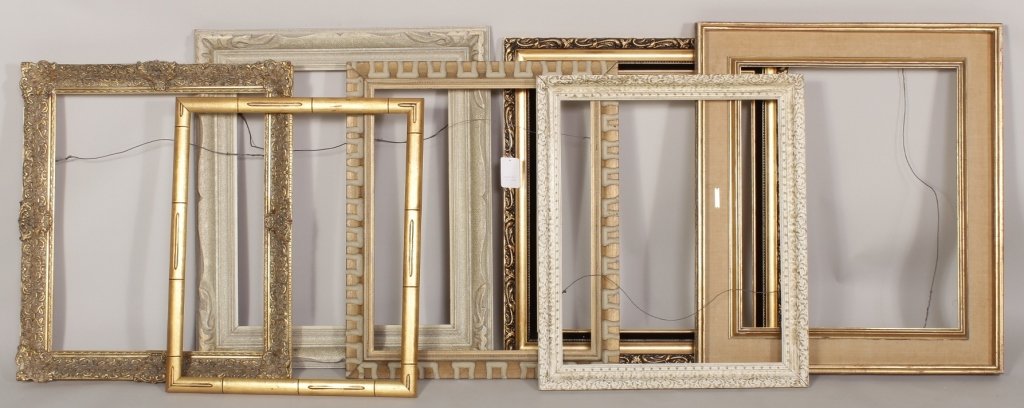 Seven Vintage Picture Frames, interior dim. 20x24: 7 vintage picture or mirror frames, 1960s to 1980's, all with standard 20 x 24 inch interior dimensions(BVEE8007/7) Low Estimate: 200 High Estimate: 300 Measurements: outside dimensions vary, interior