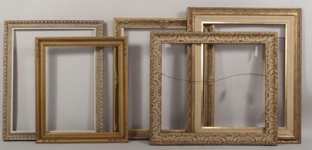 Five Larger Vintage Picture/Mirror Frames: 5 vintage picture or mirror frames, 1960s to 1980's(BVEE8014) Low Estimate: 200 High Estimate: 300 Measurements: outside dimensions vary, interior rabbets: 3 are 32 x 24, one is 25 1/2 x 21 1/2, one i