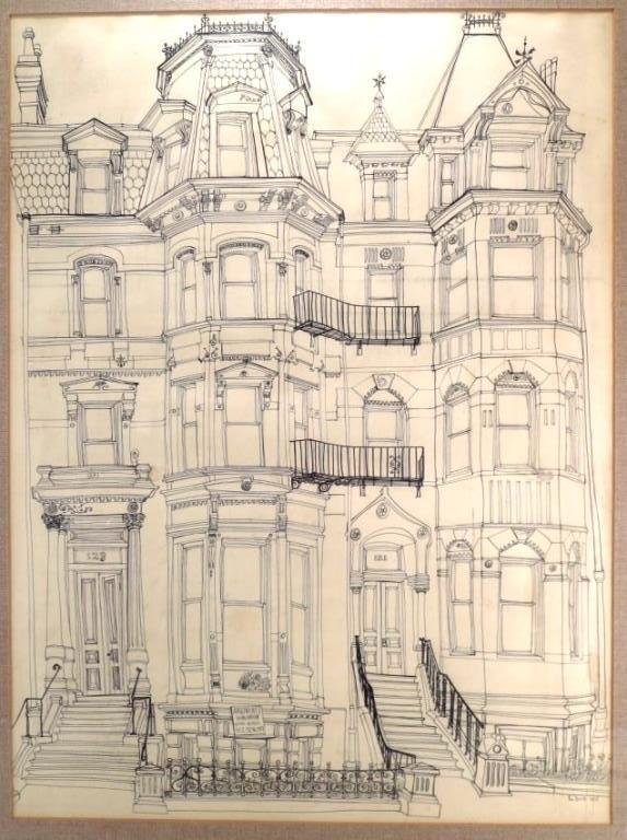 Janet Doub, Am. b. 1924, NY Townhouses, 1955, pen (1 of 3)