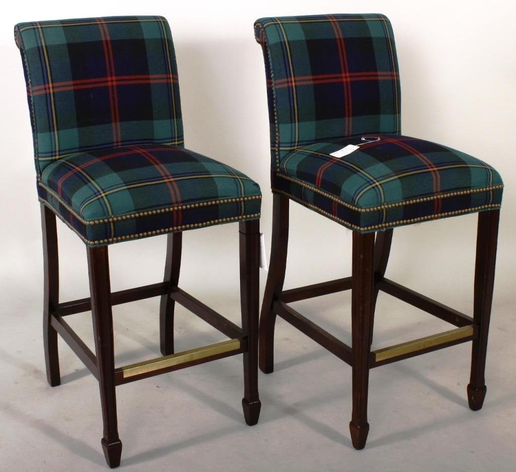 Pair of Bar Stools, Tartan Upholstery,: Pair of Bar Stools, upholstered in a wool tartan, 44" H.(RSLB9201/2) Measurements: Condition: Use wear, scuffing, re[air.