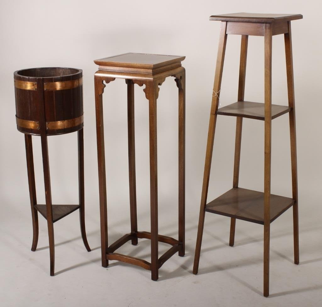 Two Tall Plant Stands and a Standing Wine Cooler.: Two tall plant stands and a standing wine cooler.(RSLB9206/3) Measurements: From 38 to 48 H Condition: Moderate use wear, some staining.