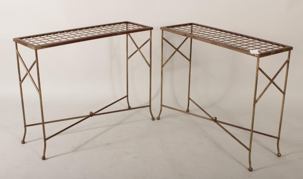 Pair of Wrought Iron Console Tables: Pair of wrought iron console tables (2 pcs.)(RSLB9211/2) Measurements: 29 H x 36 L Condition: In good condition.