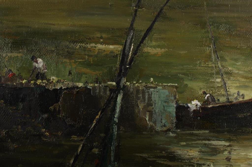 Durval Pereira, Brazilian, Fishing Boats, Oil: Durval Pereira, Brazilian, 1917-1984, Fishing Boats at Evening, oil on burlap, signed and dated 1974(BVEE8009) Measurements: 30 x 40, framed 39 x 48 Condition: good