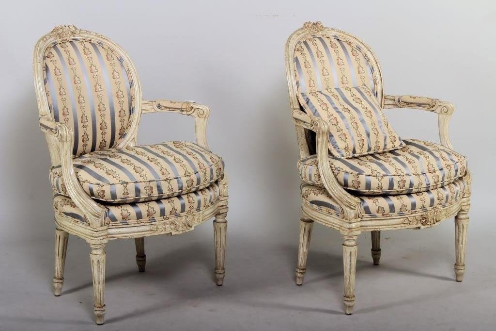 Pair of Silk Upholstered Bergere Chairs.: Pair of silk upholstered Bergere Chairs.(GERS9201) Measurements: 33 H x 24 W Condition: Moderate age and use wear