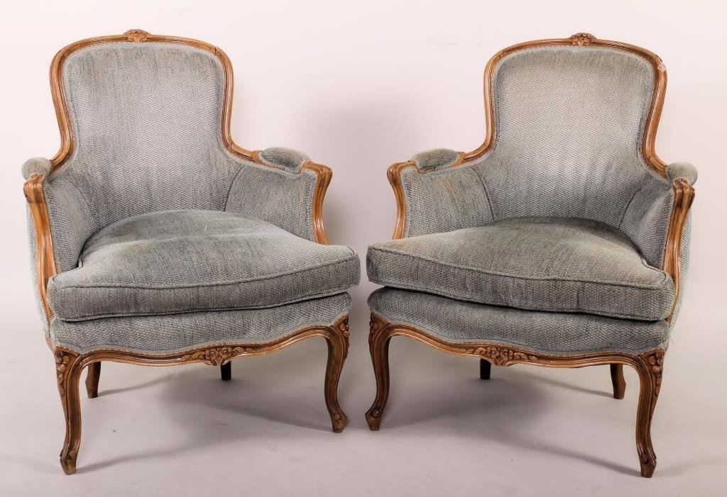 Pair of Louis XIV Style Upholstered Bergere: Pair of Louis XIV Style Bergere in Chenille Upholstery(2 Pcs)(SVAG9151/2) Measurements: 35 x 27 Condition: Use wear, fabric stained and faded, soiled