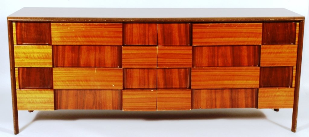 Edmund Spence Midcentury Walnut Dresser, 20th: Edmund Spence Midcentury Moden Walnut Low Dresser, 20th, crosshatched pattern created by shaped drawers with opposing veneer, country of origin verso stamped(LVEY10103)(MM) Measurements: 32 1/2"H x 20