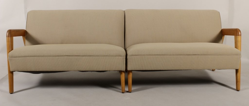 Pr. Midcentury Maple-Framed Single Arm Settees: A pair of Midcentury Modern Single Arm Settees with maple frames and beige upholstery, c. 1955.(MDEL1000)(TC) Measurements: each 45" W x 34" D x 29" H, seat 17" H Condition: abrasions and light soilin