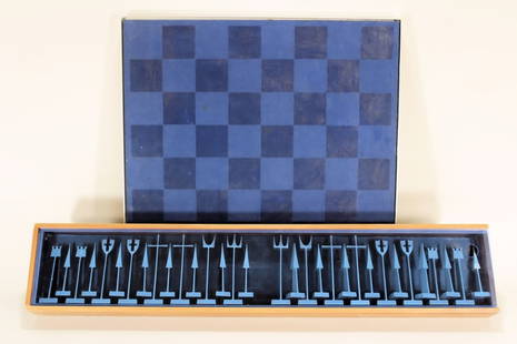 Austin E. Cox, Am., c.1962, Chess set: Austin E. Cox, American,1962, Chess Set, aluminum, walnut, metal framed felted board, plexiglas, produced for ALCOA, Austin Enterprises, boxed chess pieces with stamped marks and dated 1962 on undersi