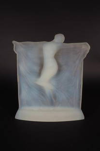 Lalique"Thais", opalescent glass,20th: Lalique "Thais", opalescent glass figure, 20th, nude girl poised on one leg, etched on underside"R.Lalique France"(JTRO10100)(MM) Measurements: 8 3/4" H x 8"W x 2 1/4"D Condition: Some surface grime,