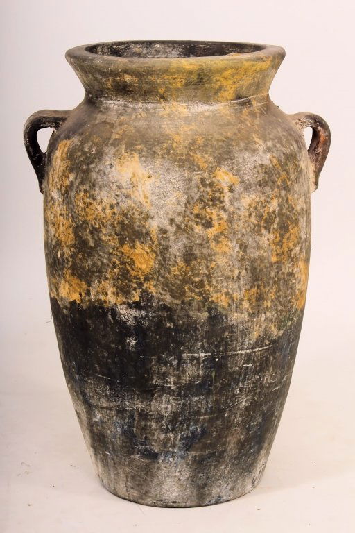 Amphora Shape Pottery Urn: Amphora Shape Pottery Urn, Green/Orange coloration.(BCOL1505)(WT) Measurements: 27"h x 18"w across handles Condition: small imperfections Property Title: From a Private Darien Connecticut Collection