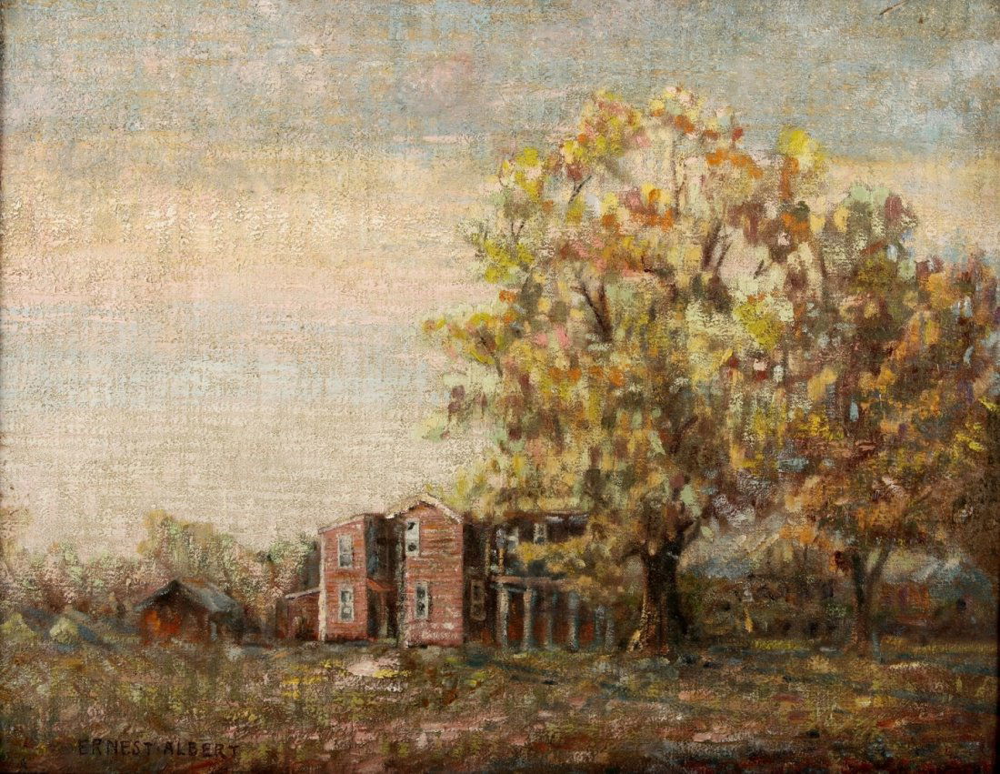 Ernest Albert,Am.,1857-1946,Impressionist L/S, O/C: Ernest Albert, American,1857 - 1946, Impressionist Autumn Landscape with Farmhouses, oil on canvas, signed lower left. (VAT1011)(TC) Measurements: 22 x 28. framed 28 x 34 Condition: good Property Titl