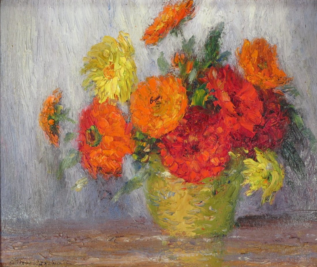 Gustav Adolph Wiegand 1870-1953 Still Life: Gustav Adolph Wiegand,1870-1953, Still Life, Vase of Flowers, Oil on Masonite, signed lower left(GERS1502)(WT) Measurements: 10" x 12" Framed: 13 1/2" x15 1/4" x 1" Condition: Good Property Title: The