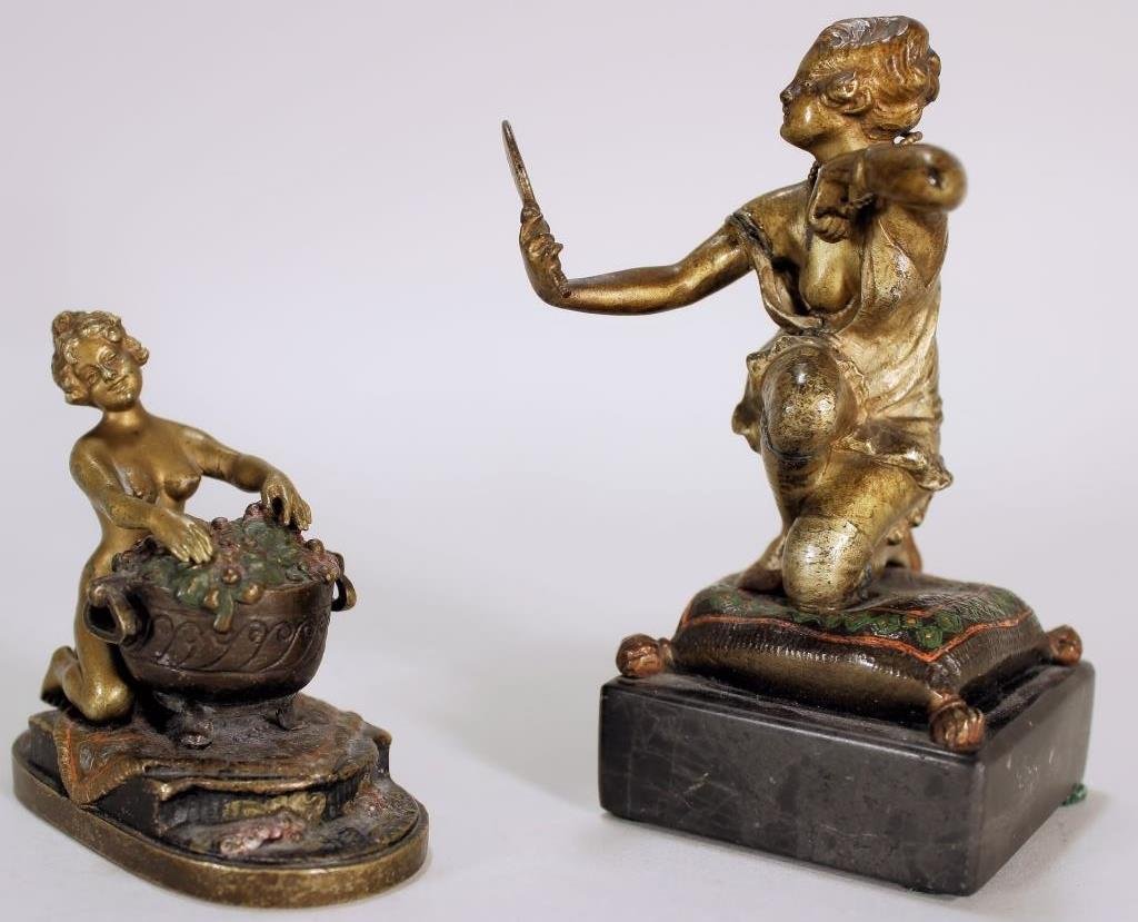 2 Vienna Bronzes, Bergmann Nude & Holding Mirror: Two Vienna Bronzes, a signed Bergmann Nude over a Grape Barrel and a Woman with open blousereast looking into a hand mirror, this marked AUSTRIA(DKOD1208/2)(TC) Measurements: The Bergmann nude 2 7/8"