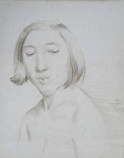 Otto Dix, 1891-1969 Silverpoint, Young Woman: Otto Dix, 1891-1969 Young Woman Head & Shoulders Silver Point on a prepared ground signed and dated 1932. L.R.(RANDJ1506)(WT) Measurements: 22.5" x 18.25", frame 29 1/2" x 23 1/2" Condition: vertical