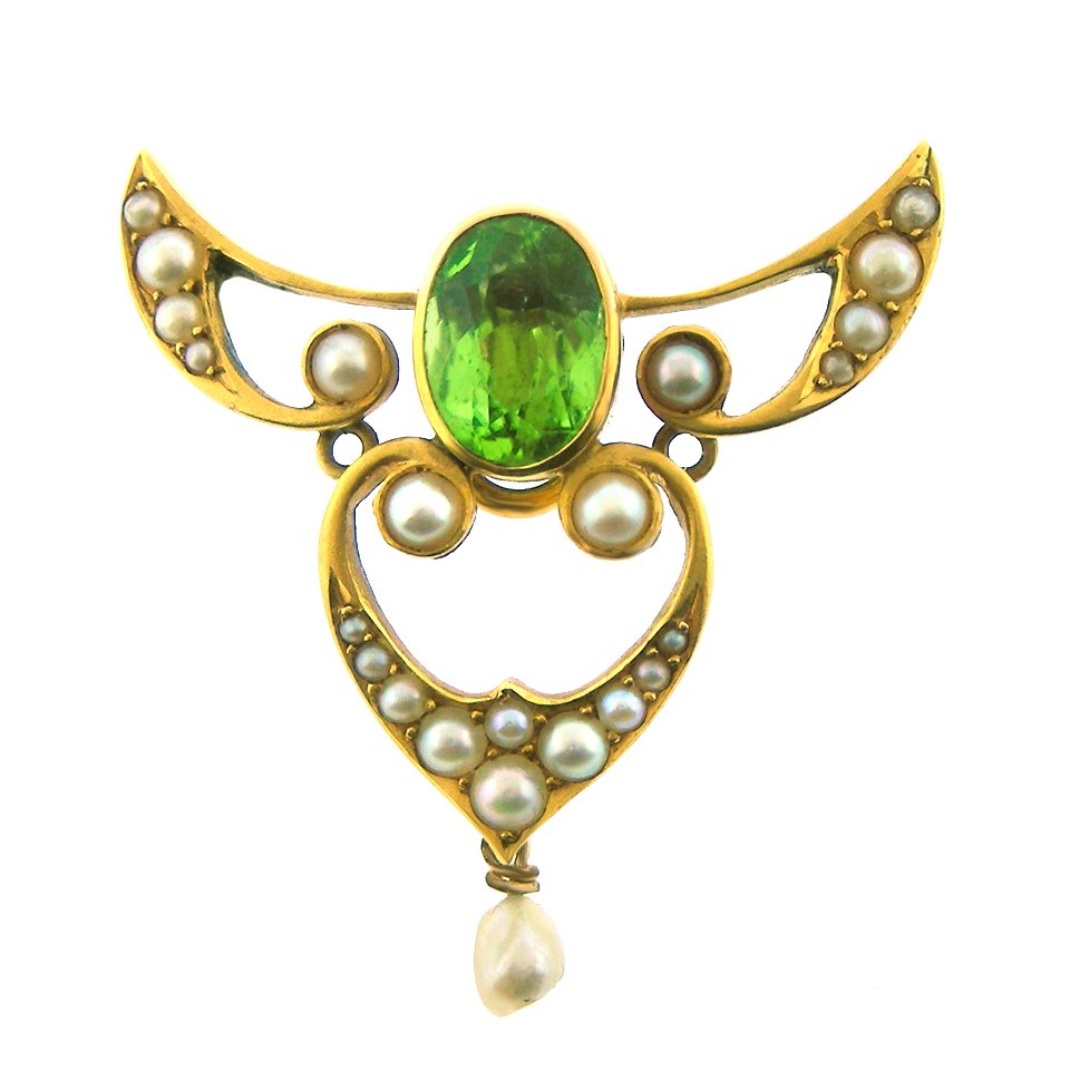 14k Art Nouveau Peridot and Pearl Brooch, c.1900 (1 of 5)