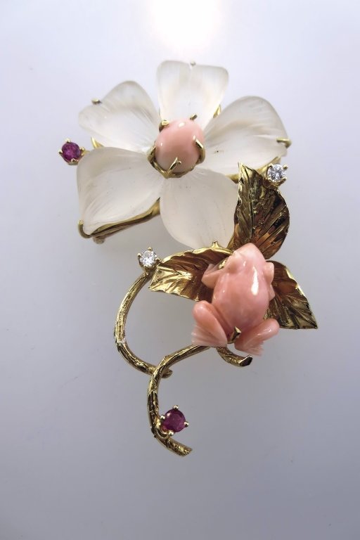 18K Gold, Coral, and Diamond Brooch (1 of 6)