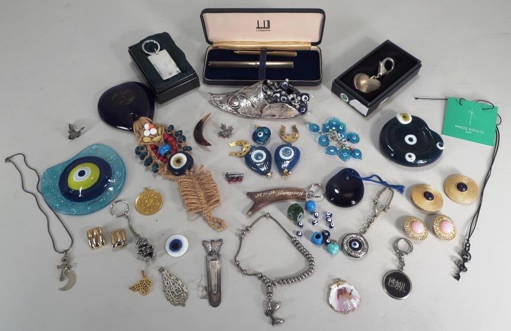 Lot of Costume Jewelry: Costume jewelry lot, etc. Includes blown glass jewelry, sterling silver, key chains, earrings, a Dunhill pen, etc.(JMAR10350/LOT)(PR) Measurements: Various Condition: As Found Property Title: Part IV