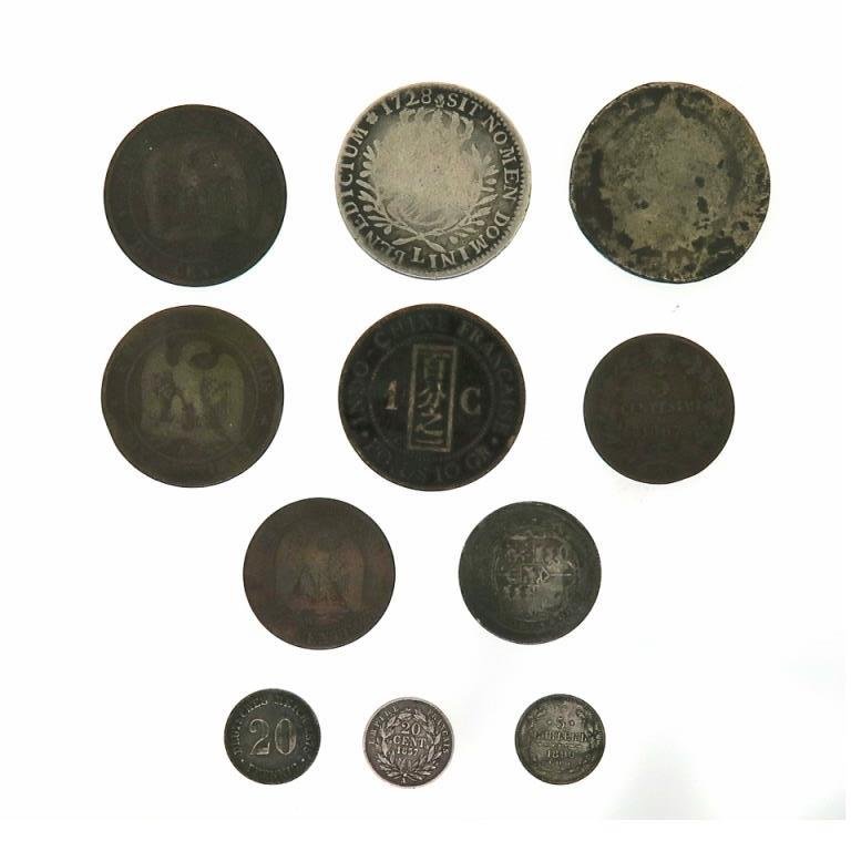 Group of 11 Coins, Incl. French and Russian Coins: 8 French coins, 1 French colonial, 1 Russian coin, and 1 German coin including early silver French coin dated 1728 (11 pcs.) [sk1015](BHA10947/11)(BHA) Measurements: Various Condition: Untouched as fo