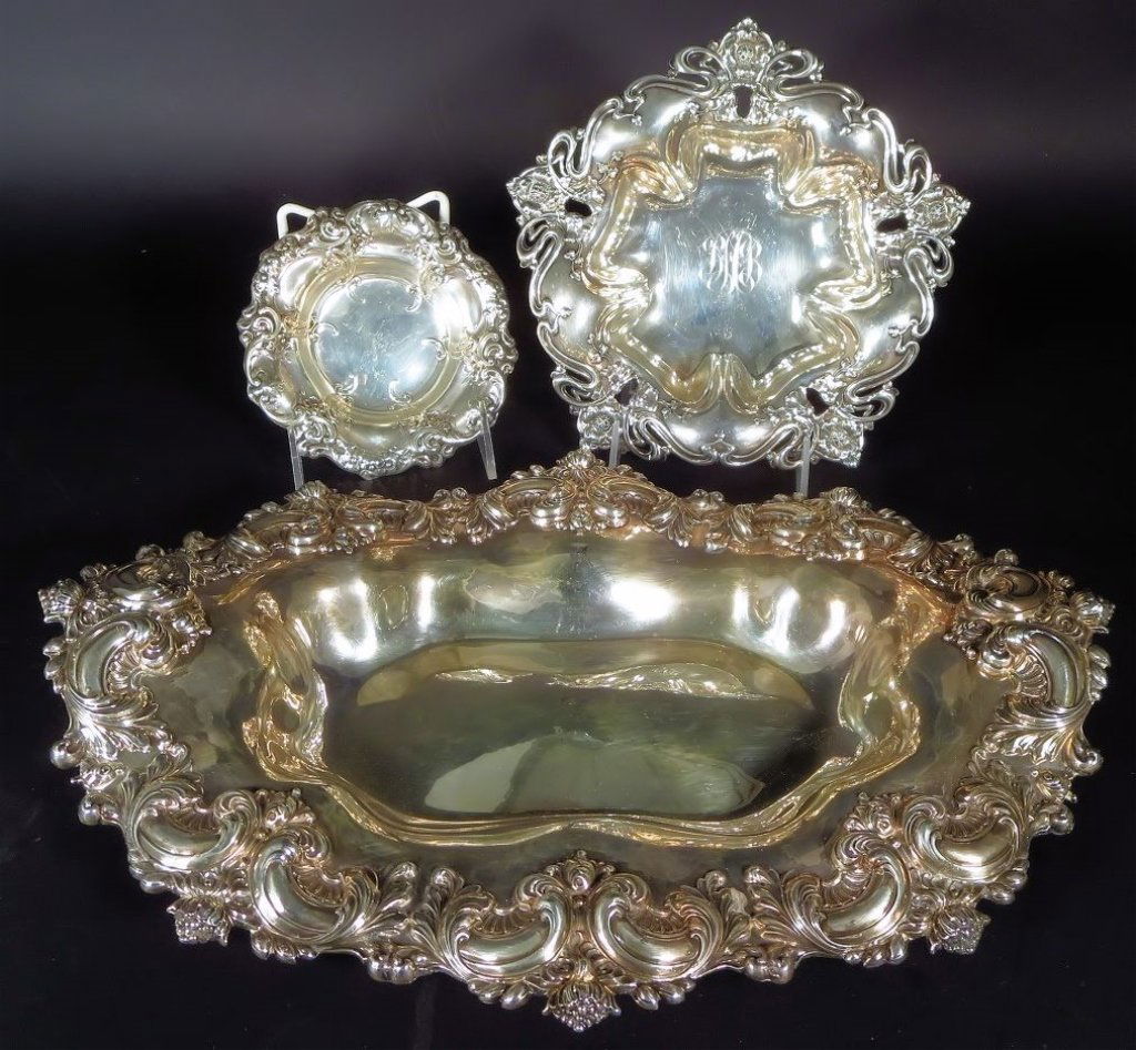 3 Ornate Sterling Silver Repousse Trays 19/20th C (1 of 7)