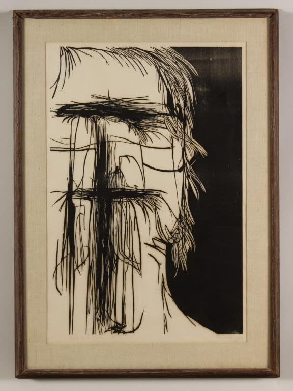 Leonard Baskin, Am., "Dead Saint", 1960, woodcut: Leonard Baskin, Am., 1922-2000, "Dead Saint", 1960, woodcut, pencil signed, titled, numbered 37/50(RANDJ2011) {TC} Measurements: 30 x 20, framed 39 x 29 Condition: paper somewhat toned