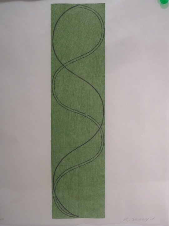 Robert Mangold, Green Column Figure, signed: Robert Mangold, Am., b.1937, Green Column Figure, color screen print on paper, pencil numbered 19/100, signed(SW2115) {MM} Measurements: 5 x 19, sheet 16 x 20, framed 23 x 19 Condition: some light cre