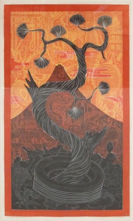John Buck, b. 1946, Color Woodblock, 2000: John E. Buck, American b.1946, 'Heart Mountain Wyoming,' 2000, color woodblock on paper, in pencil titled and numbered lower left 'Heart Mountain Wyoming 9/15,' and signed and dated lower right 'John