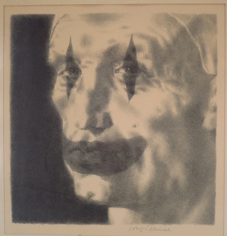 Joseph Hirsch, Am., 1910-1981,Painted Man: Joseph Hirsch, American 1910-1981, Painted Man, lithograph, signed lower right . (KSIM2104) {MM} Measurements: 9.5" x 9", framed 19" x 15" Condition: Paper toned