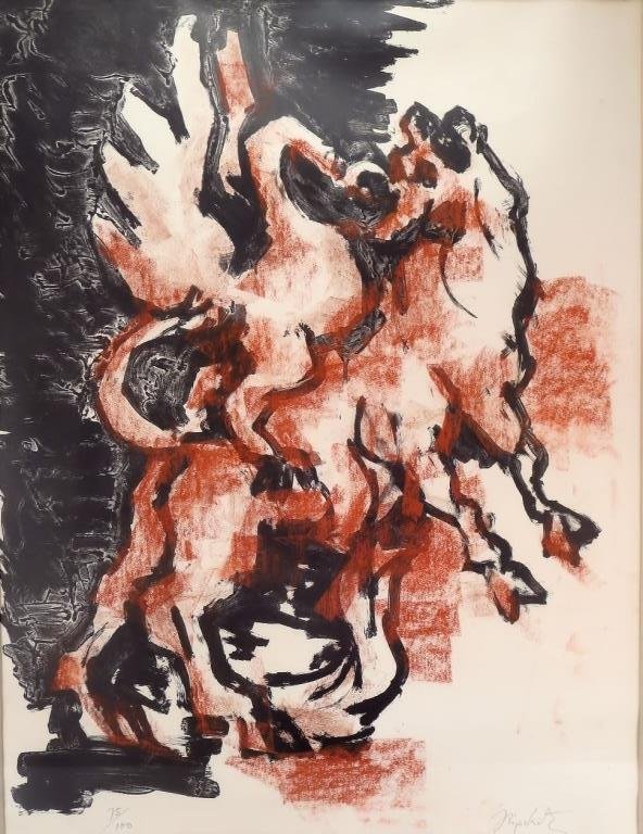 Jacques Lipchitz, Lith./Am.,1891-1973, Aquatint: Jacques Lipchitz, Lith./American,1891-1973, Swan Attacking Dog, aquatint and gouache, signed in pencil, and "overworked by me Lipschitz" verso.(STOCK1214) {WK} Measurements: Sight: 30 x 22 Framed: 38