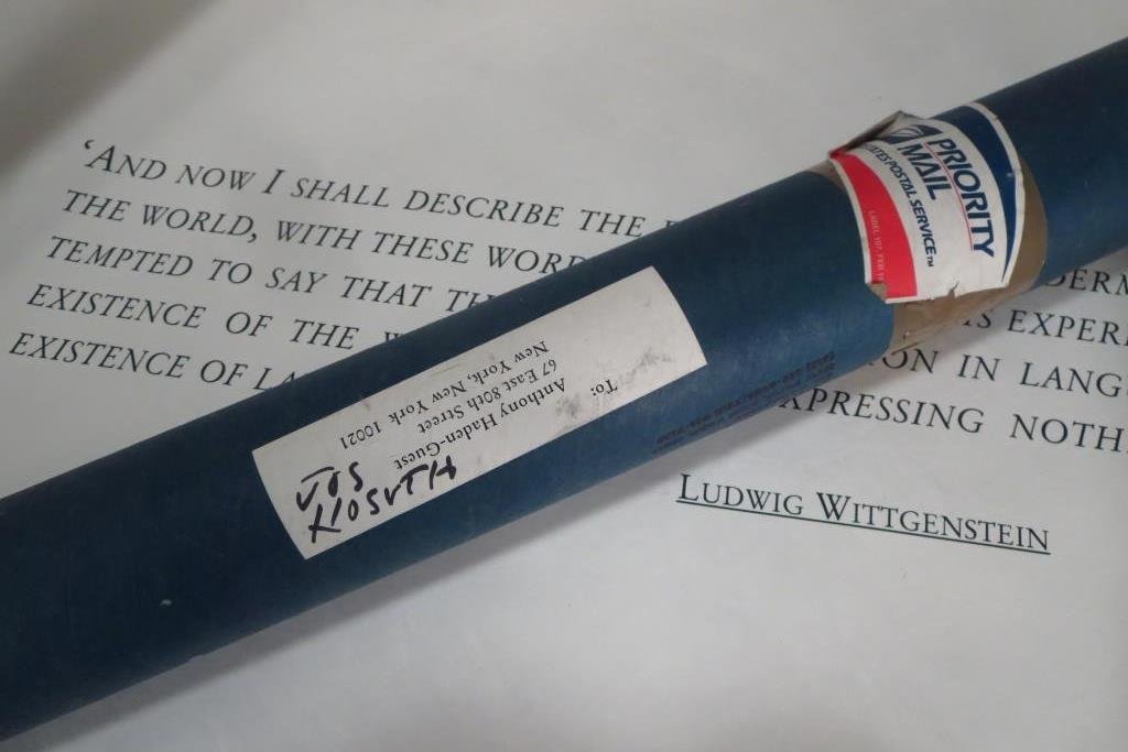 Joseph Kosuth, Am., b.1945,Wittgenstein, sgd: Joseph Kosuth, Am., b. 1945, Wittgenstein, hand-signed and numbered 86/100(SBAR2039) {TC} Measurements: 23 x 35, unframed Condition: as found in a tube, never hung, small creases to edges