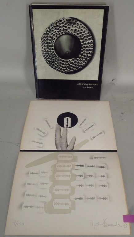 Agustín Fernandez, Cuban, Collage/Serigraph: Agustín FERNANDEZ, Cuban, 1928-2006, Hand with Razor Blades, 1973, pencil signed and numbered 7/150, Collage on Serigraph, accompanied by 1973 hardcover book by R.C. Kenedy inside which this work was