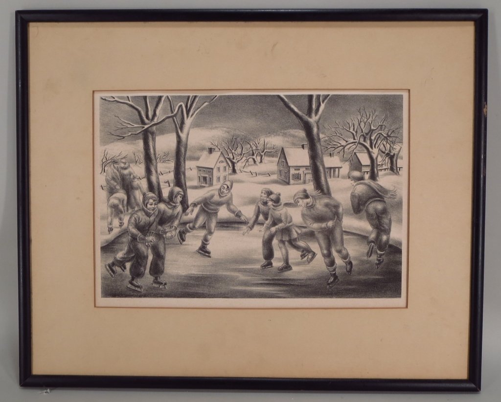 2 1930's Winter Prints: George Biddle & Virginia H: George Biddle, Am.,1885-1973, "Sleigh Drive" lithograph is pencil-signed, dated 1930, 16/100 lower right; also signed and numbered 64 in the stone; and Victoria H. Huntley, Am. 1900-1971,''Skating on