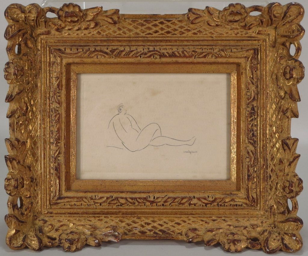Modigliani Etching, "Femme Nue Couche".: Amedeo Modigliani, Italian1884-1920, "Femme Nue Couche", etchng, signed in plate.(CTP2200) {WK} Measurements: 3.75 x 5.75 Framed: 10 x 11.5 Condition: Paper toned, minor foxing.